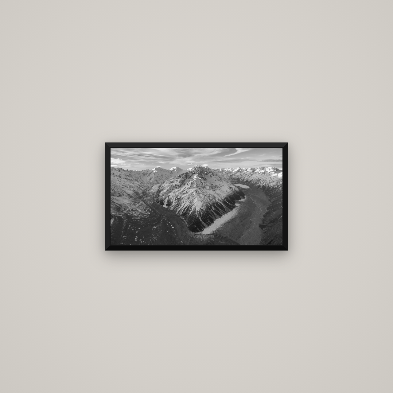 Rivers of Ice, Southern Alps — Basel Black Matte, 53×30 cm. New Zealand fine art wall art by Stephen Milner.