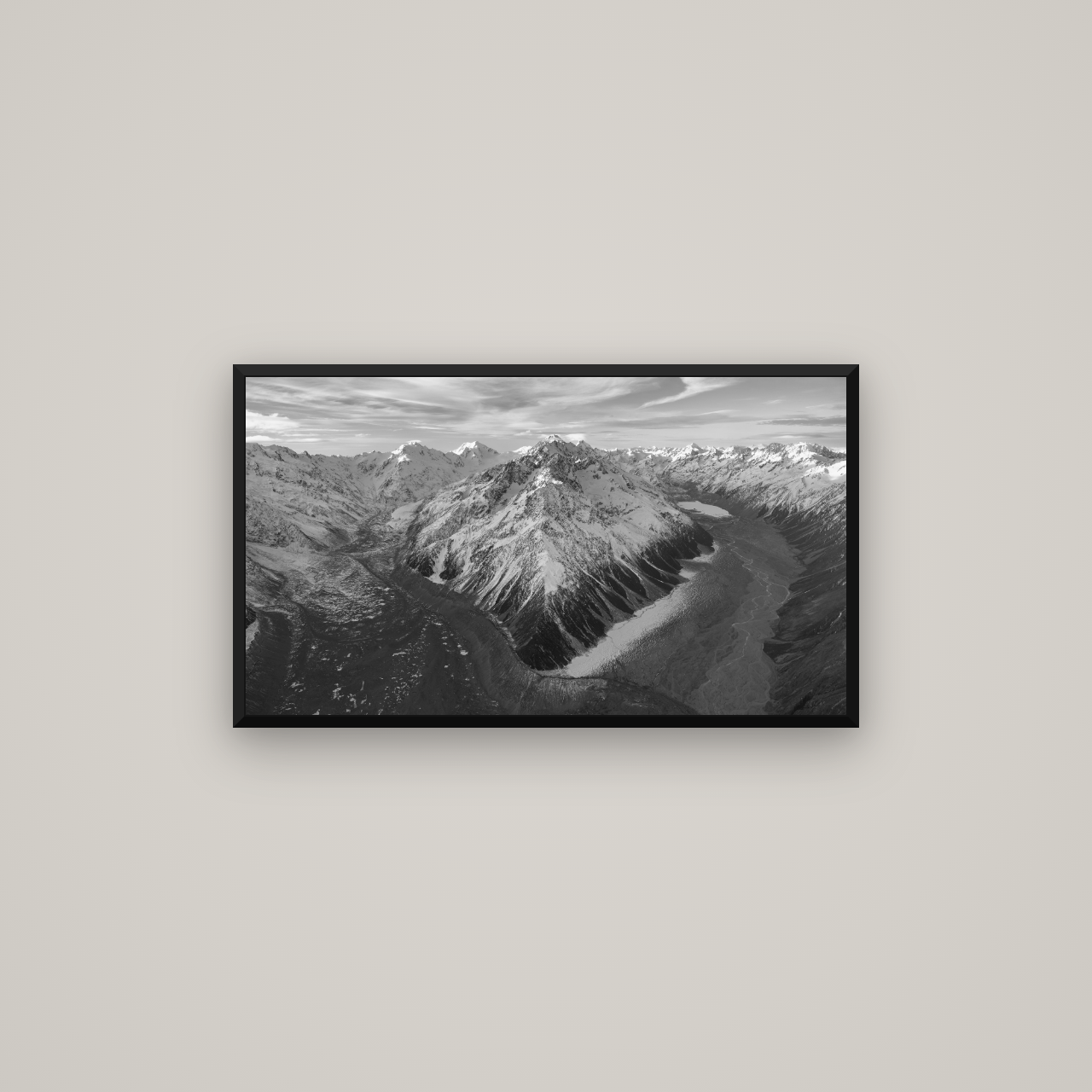 Rivers of Ice, Southern Alps — Basel Black Matte, 80×45 cm. New Zealand fine art wall art by Stephen Milner.