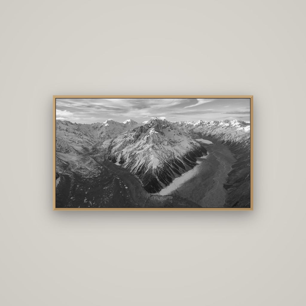 Rivers of Ice, Southern Alps, Basel Natural Oak, 107×60 cm. New Zealand fine art wall art by Stephen Milner.