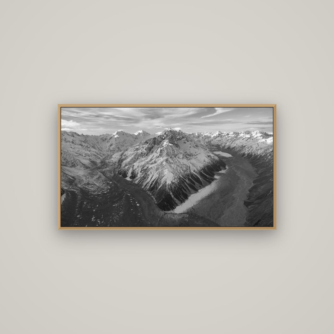 Rivers of Ice, Southern Alps, Basel Natural Oak, 107×60 cm. New Zealand fine art wall art by Stephen Milner.