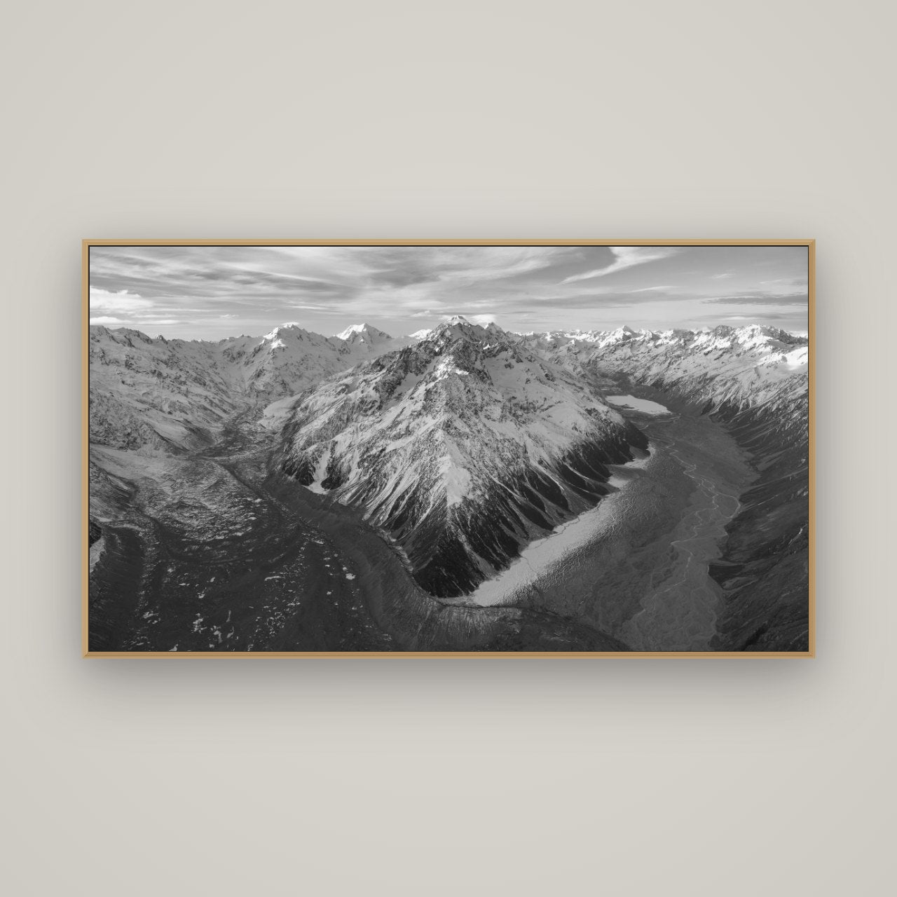Rivers of Ice, Southern Alps, Basel Natural Oak, 160×90 cm. New Zealand fine art wall art by Stephen Milner.