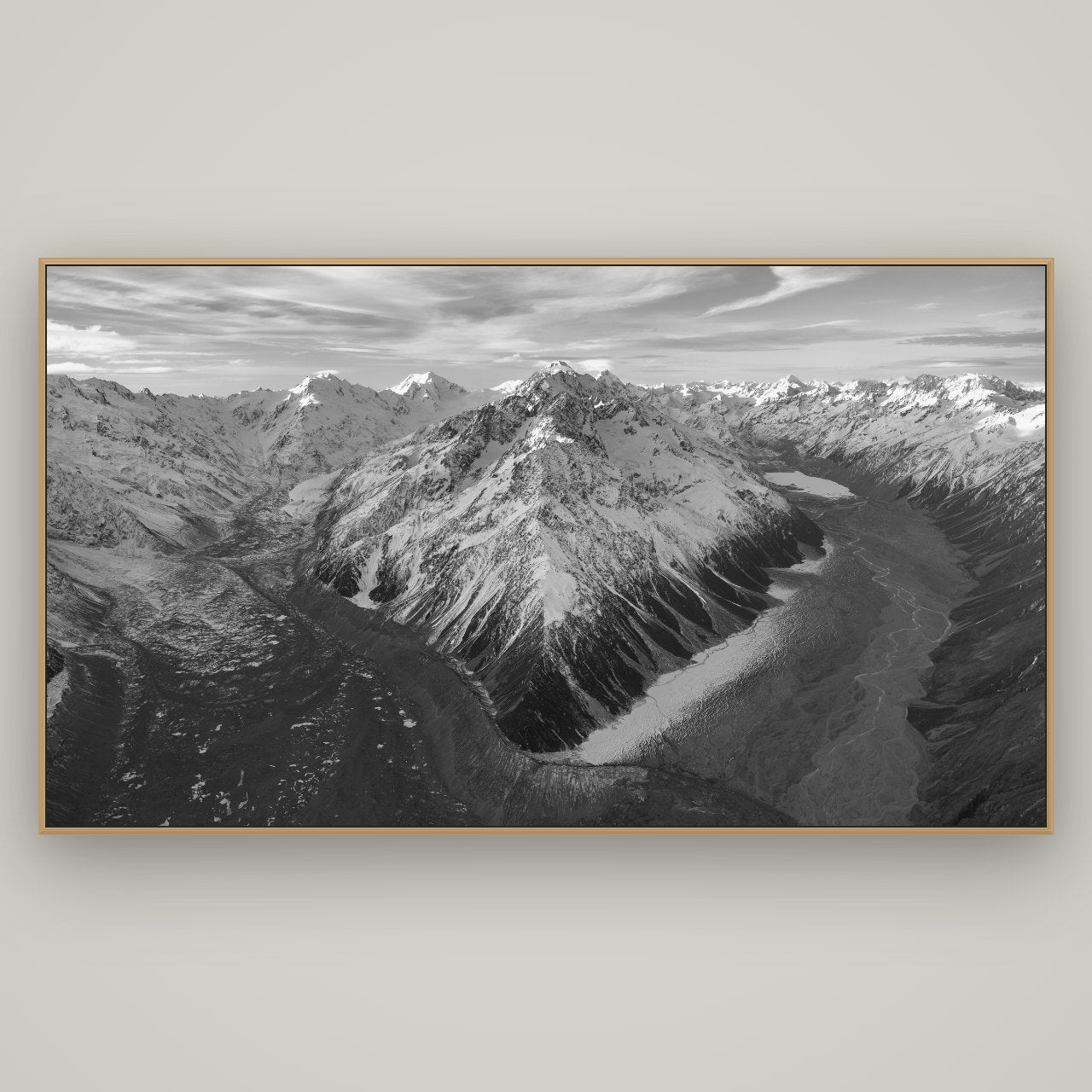Rivers of Ice, Southern Alps, Basel Natural Oak, 196×110 cm. New Zealand fine art wall art by Stephen Milner.