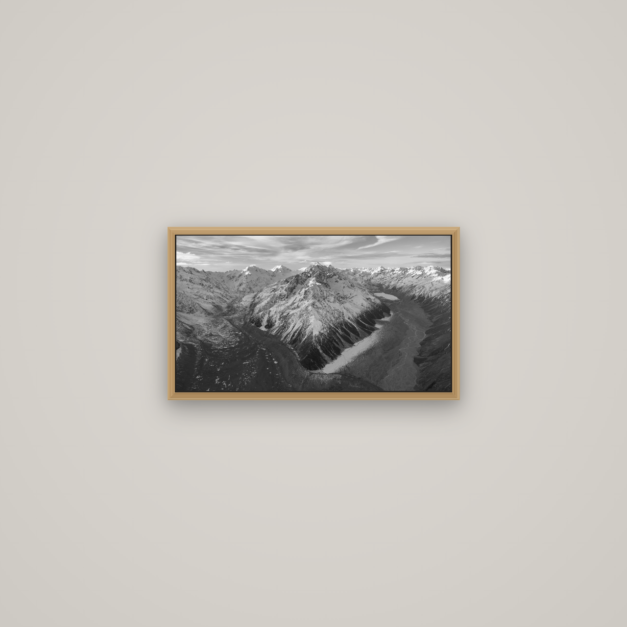 Rivers of Ice, Southern Alps, Basel Natural Oak, 53×30 cm. New Zealand fine art wall art by Stephen Milner.