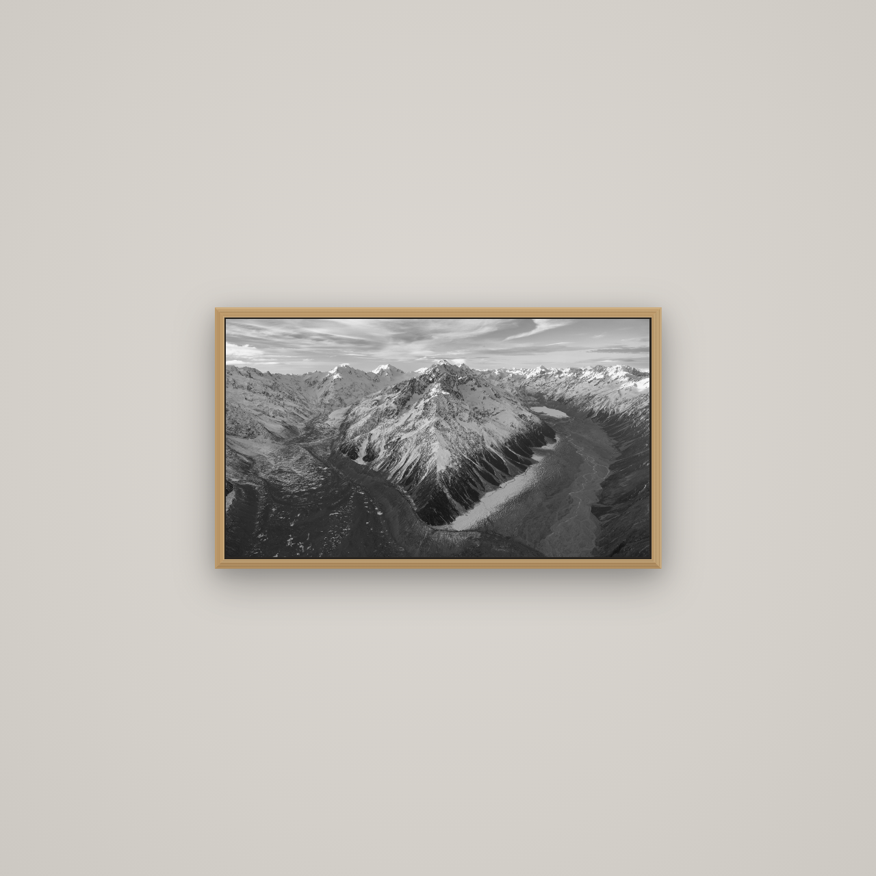 Rivers of Ice, Southern Alps, Basel Natural Oak, 64×36 cm. New Zealand fine art wall art by Stephen Milner.