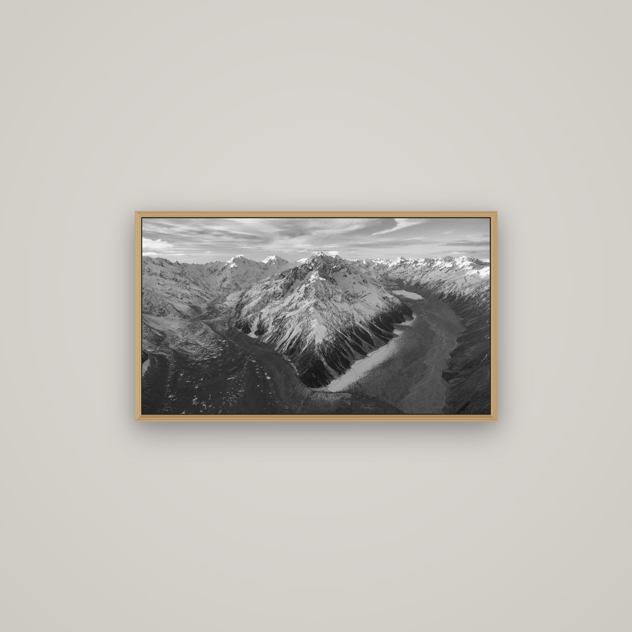 Rivers of Ice, Southern Alps, Basel Natural Oak, 80×45 cm. New Zealand fine art wall art by Stephen Milner.
