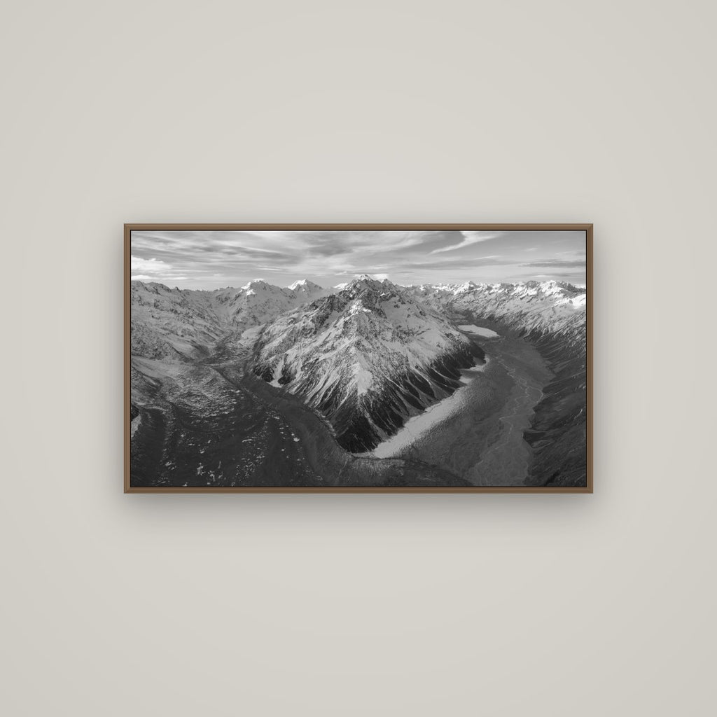 Rivers of Ice, Southern Alps, Basel Walnut, 107×60 cm. New Zealand fine art wall art by Stephen Milner.