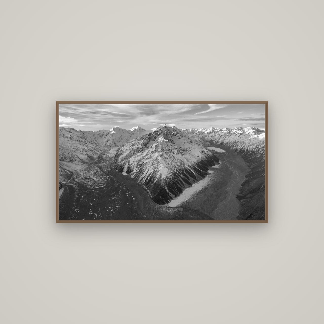 Rivers of Ice, Southern Alps, Basel Walnut, 107×60 cm. New Zealand fine art wall art by Stephen Milner.