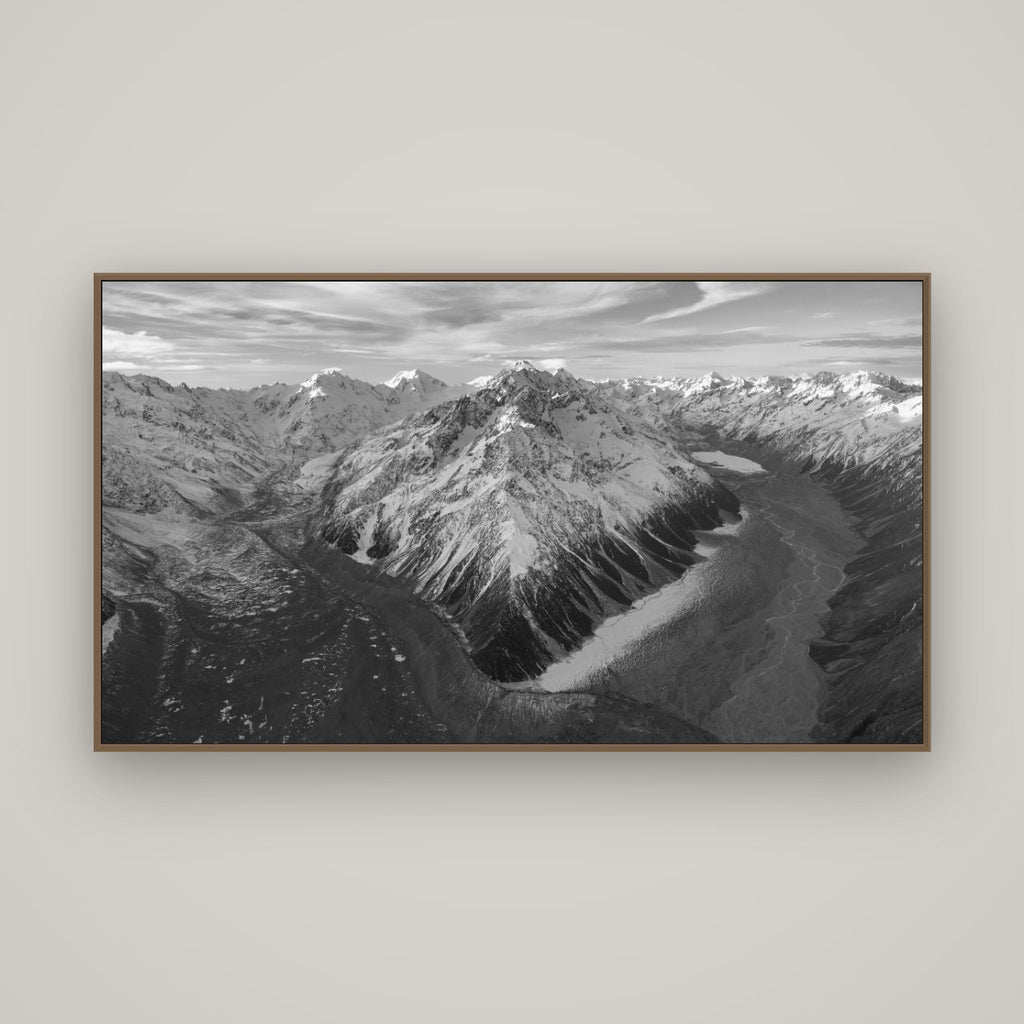 Rivers of Ice, Southern Alps, Basel Walnut, 160×90 cm. New Zealand fine art wall art by Stephen Milner.