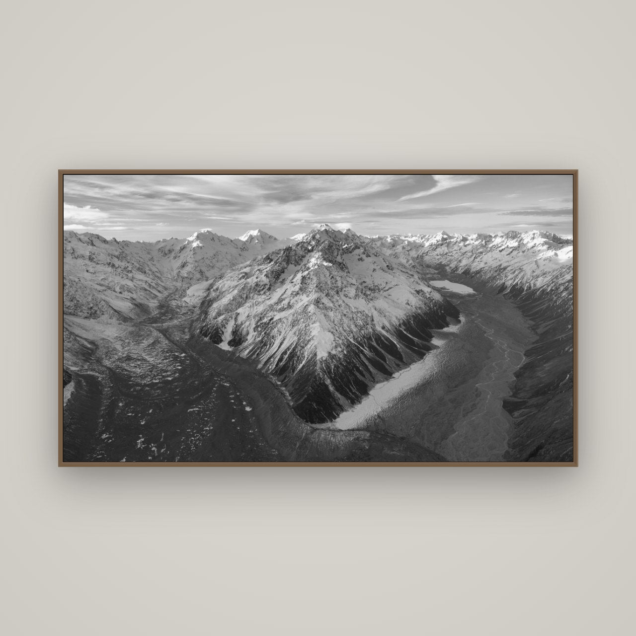 Rivers of Ice, Southern Alps, Basel Walnut, 160×90 cm. New Zealand fine art wall art by Stephen Milner.