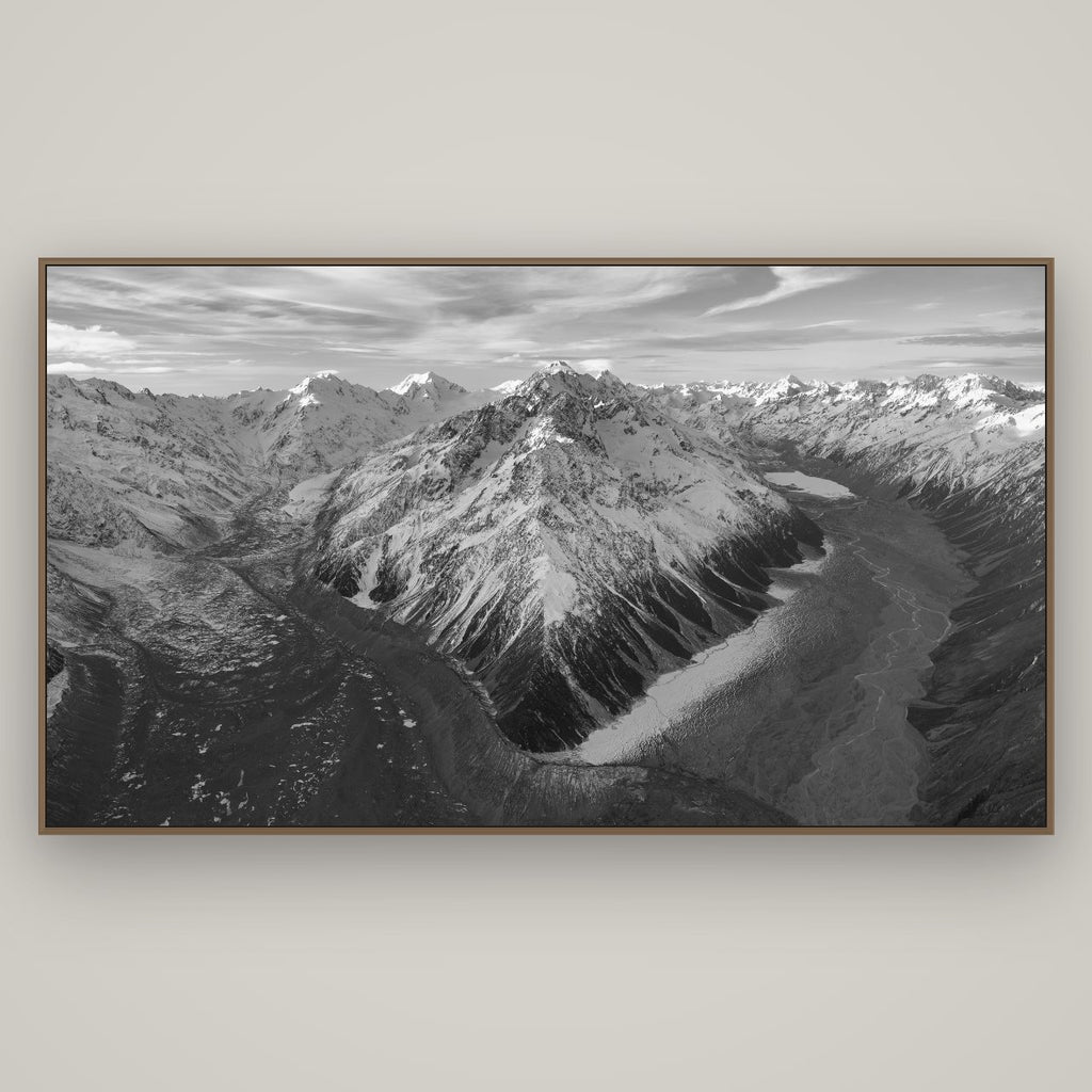 Rivers of Ice, Southern Alps, Basel Walnut, 196×110 cm. New Zealand fine art wall art by Stephen Milner.