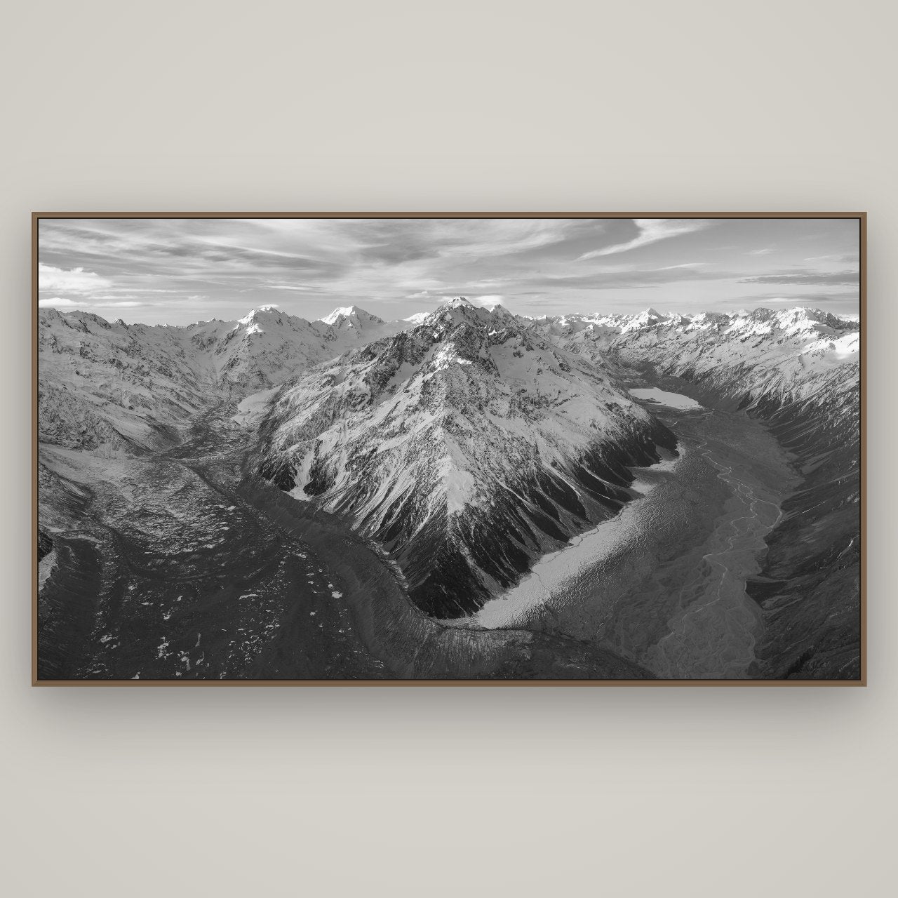 Rivers of Ice, Southern Alps, Basel Walnut, 196×110 cm. New Zealand fine art wall art by Stephen Milner.