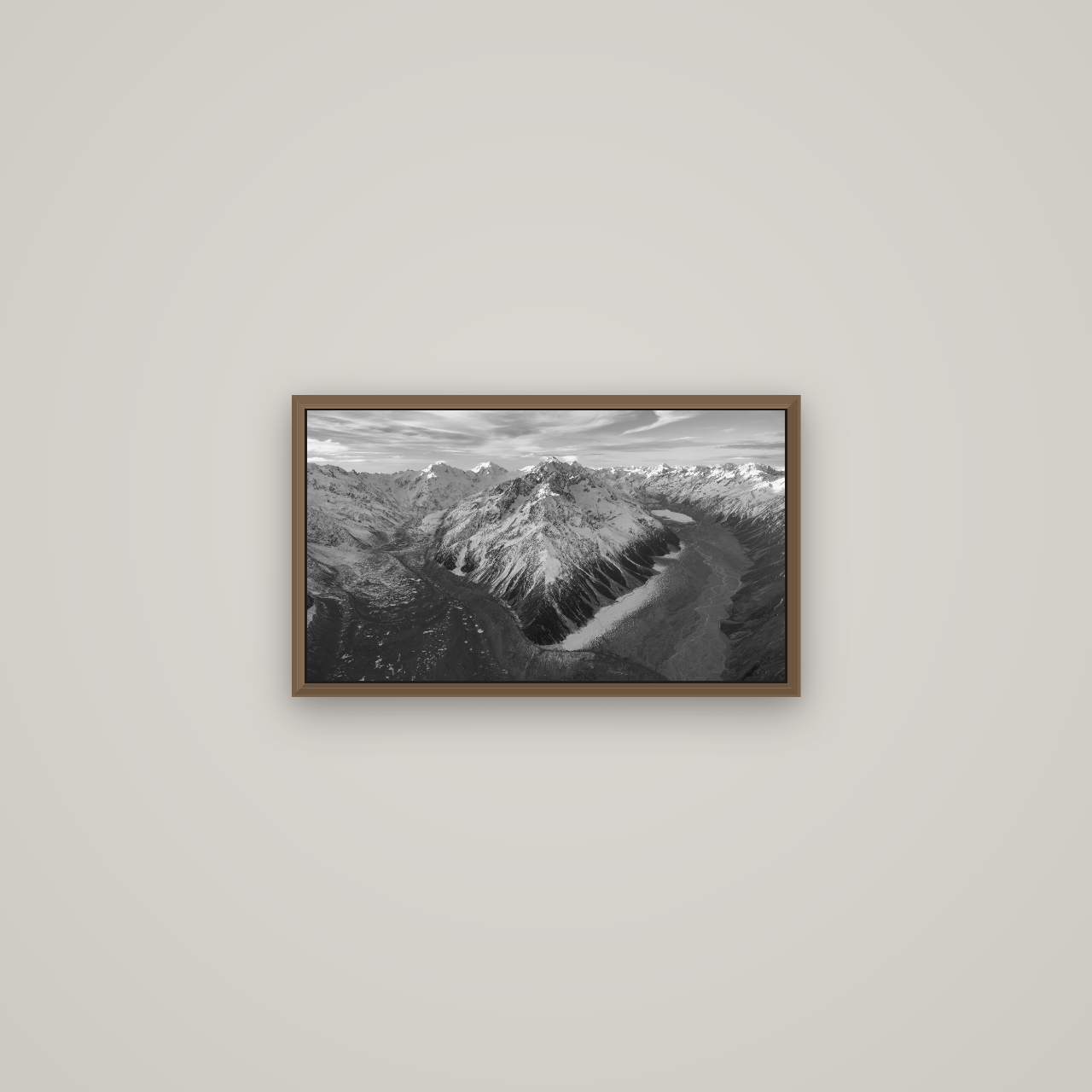 Rivers of Ice, Southern Alps, Basel Walnut, 53×30 cm. New Zealand fine art wall art by Stephen Milner.