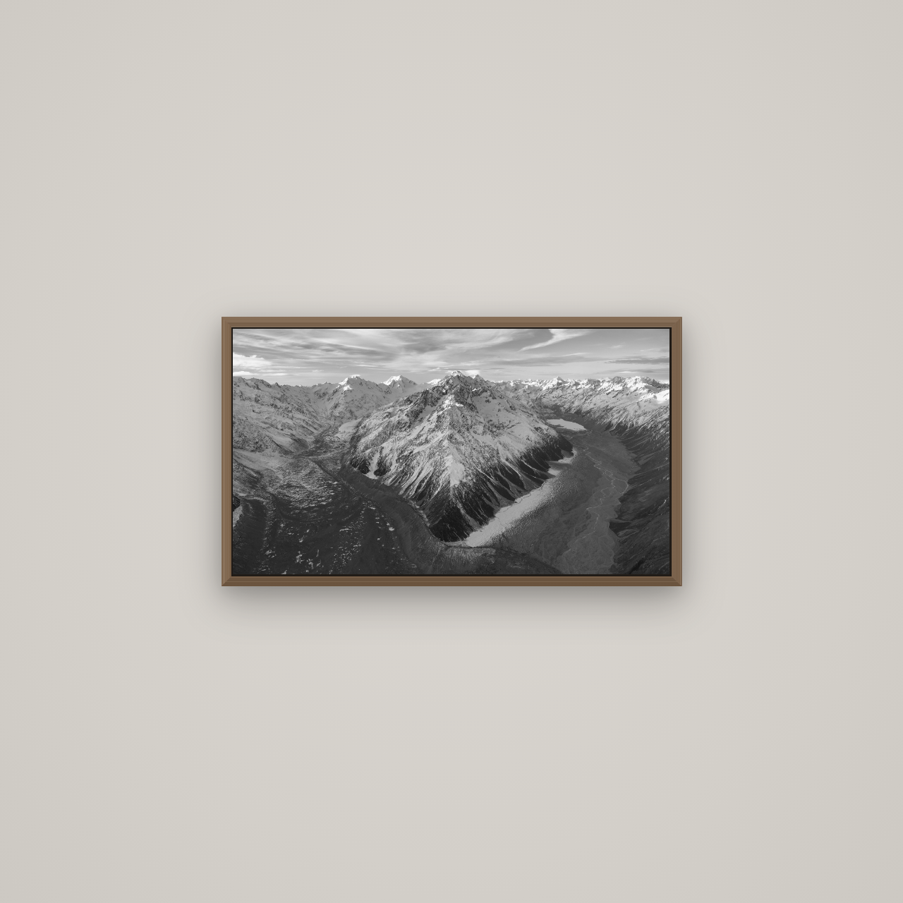 Rivers of Ice, Southern Alps, Basel Walnut, 64×36 cm. New Zealand fine art wall art by Stephen Milner.