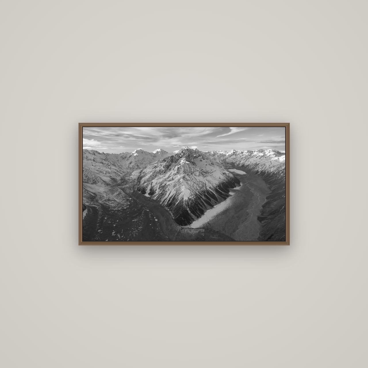 Rivers of Ice, Southern Alps, Basel Walnut, 80×45 cm. New Zealand fine art wall art by Stephen Milner.