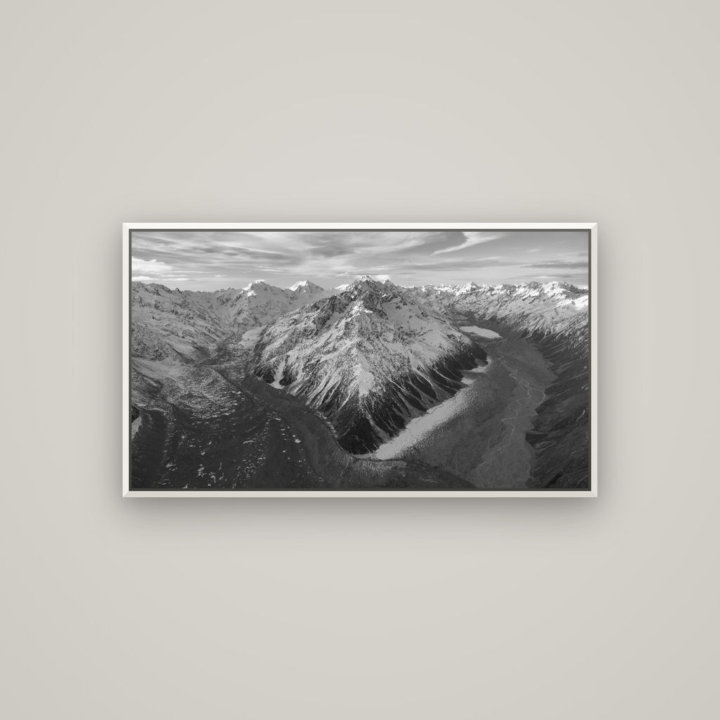 Rivers of Ice, Southern Alps — Basel White, 107×60 cm. New Zealand fine art wall art by Stephen Milner.