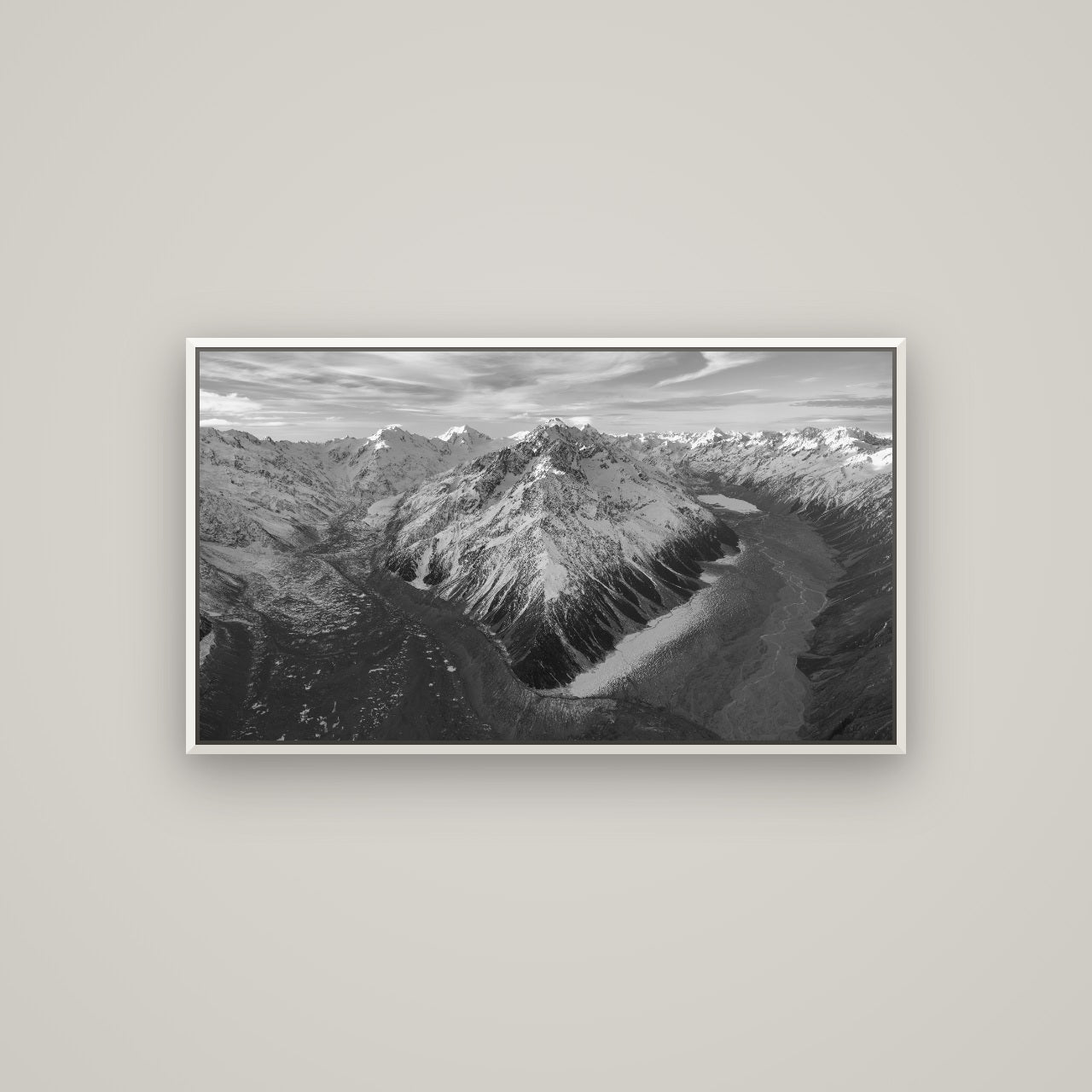Rivers of Ice, Southern Alps — Basel White, 107×60 cm. New Zealand fine art wall art by Stephen Milner.