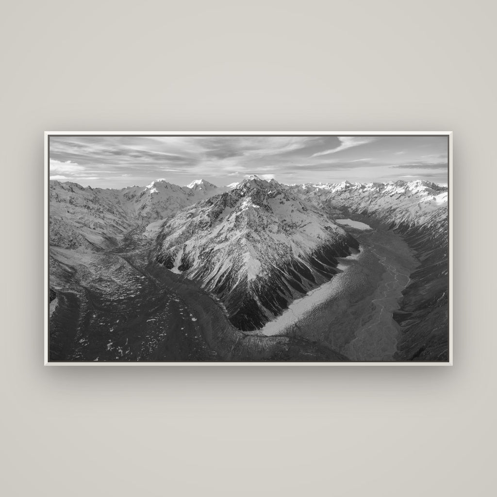 Rivers of Ice, Southern Alps — Basel White, 160×90 cm. New Zealand fine art wall art by Stephen Milner.