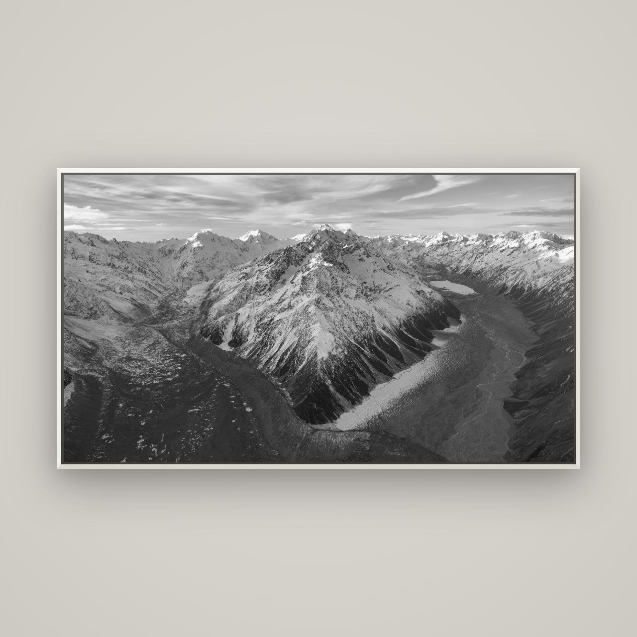 Rivers of Ice, Southern Alps — Basel White, 160×90 cm. New Zealand fine art wall art by Stephen Milner.