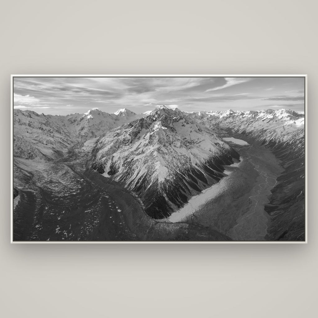 Rivers of Ice, Southern Alps — Basel White, 196×110 cm. New Zealand fine art wall art by Stephen Milner.