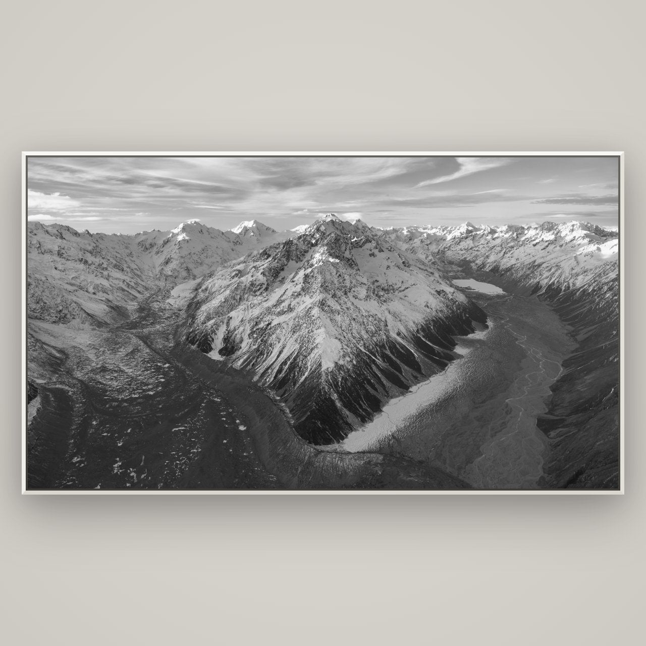 Rivers of Ice, Southern Alps — Basel White, 196×110 cm. New Zealand fine art wall art by Stephen Milner.