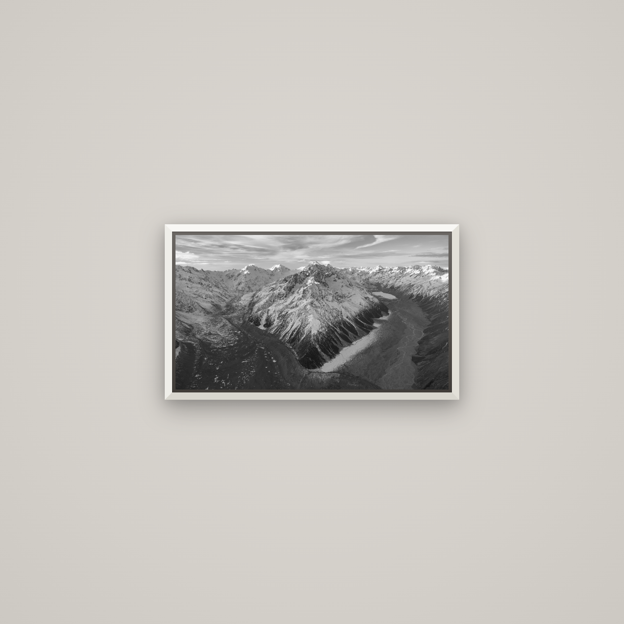 Rivers of Ice, Southern Alps — Basel White, 53×30 cm. New Zealand fine art wall art by Stephen Milner.