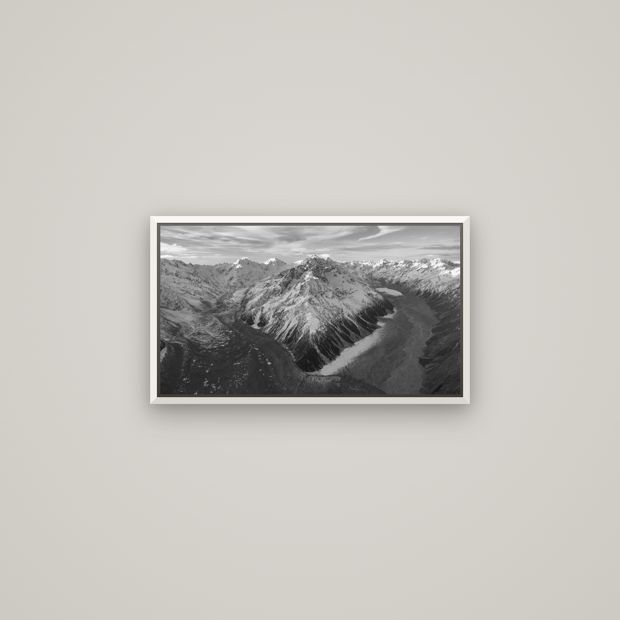 Rivers of Ice, Southern Alps — Basel White, 64×36 cm. New Zealand fine art wall art by Stephen Milner.