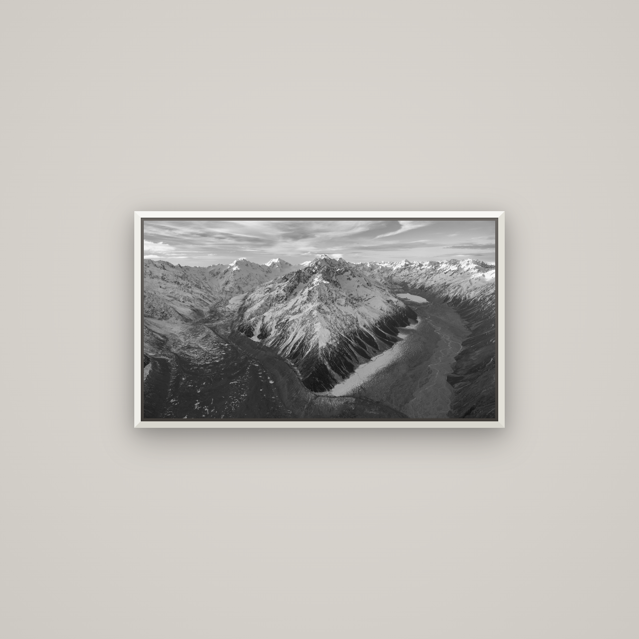 Rivers of Ice, Southern Alps — Basel White, 80×45 cm. New Zealand fine art wall art by Stephen Milner.