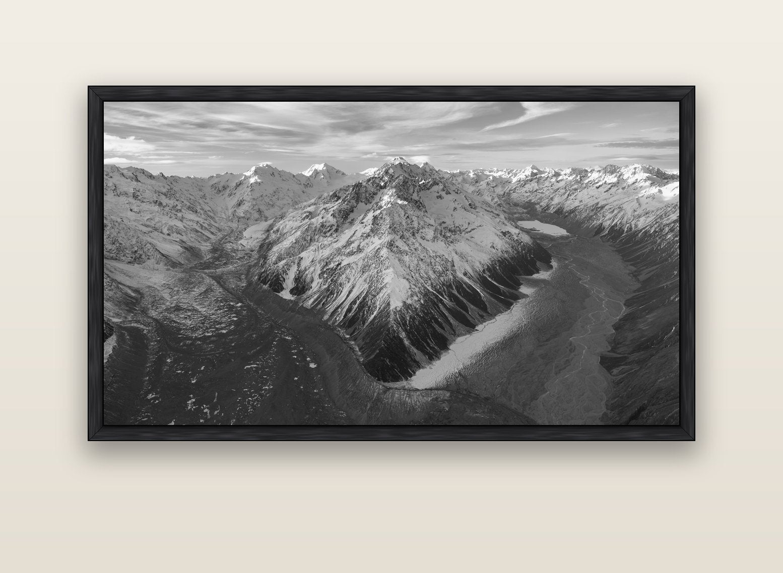 Rivers of Ice, Southern Alps — black float frame canvas, 152 × 86 cm. New Zealand fine art landscape wall art by Stephen Milner.