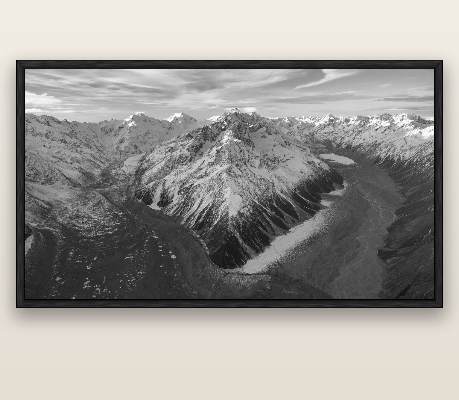 Rivers of Ice, Southern Alps — black float frame canvas, 201 × 99 cm. New Zealand fine art landscape wall art by Stephen Milner.
