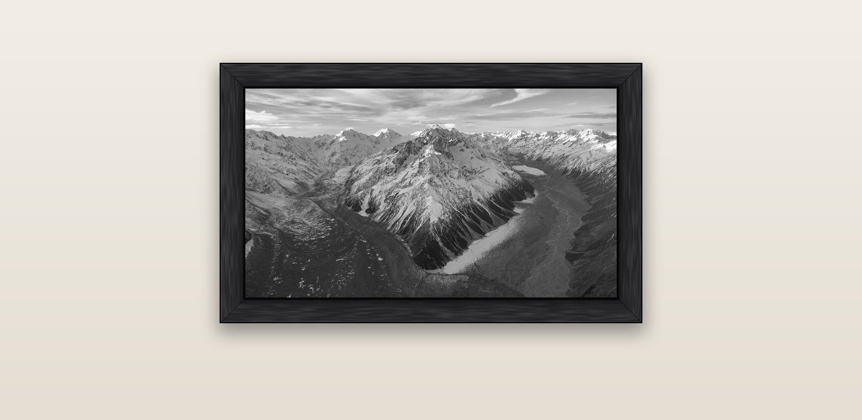 Rivers of Ice, Southern Alps — black float frame canvas, 61 × 36 cm. New Zealand fine art landscape wall art by Stephen Milner.