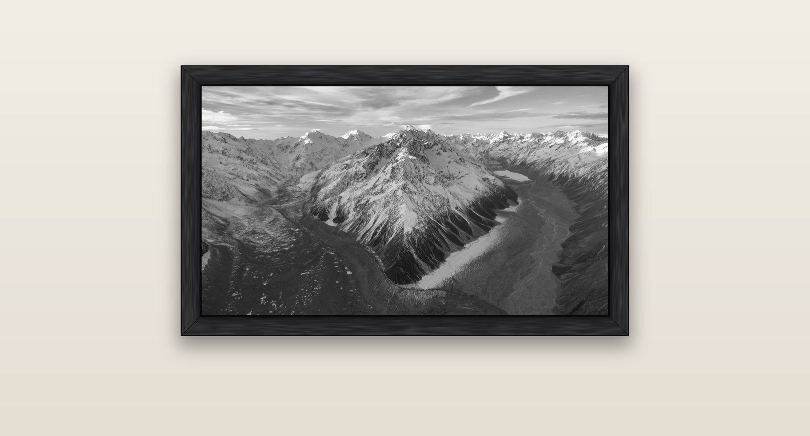 Rivers of Ice, Southern Alps — black float frame canvas, 81 × 46 cm. New Zealand fine art landscape wall art by Stephen Milner.