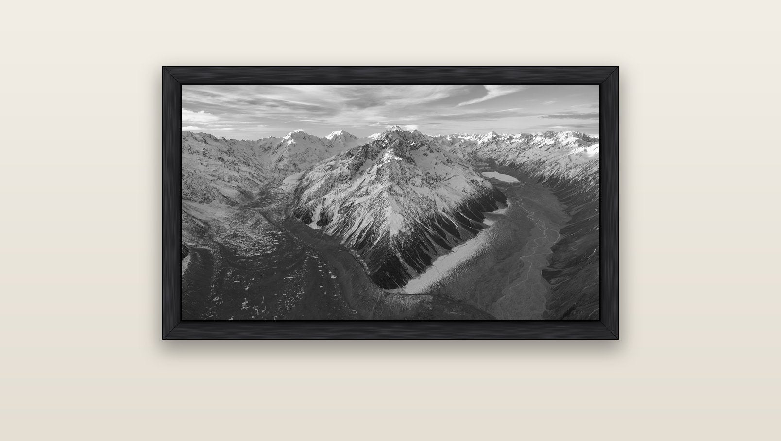 Rivers of Ice, Southern Alps — black float frame canvas, 91 × 51 cm. New Zealand fine art landscape wall art by Stephen Milner.