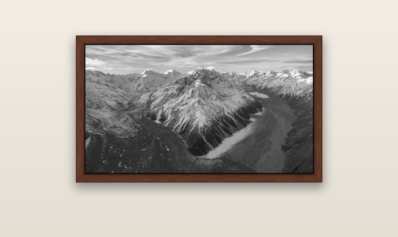 Rivers of Ice, Southern Alps — brown float frame canvas, 102 × 56 cm. New Zealand fine art landscape wall art by Stephen Milner.