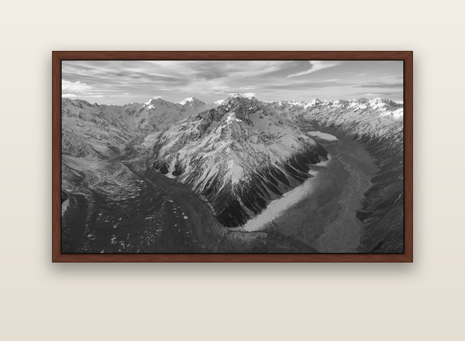 Rivers of Ice, Southern Alps — brown float frame canvas, 152 × 86 cm. New Zealand fine art landscape wall art by Stephen Milner.