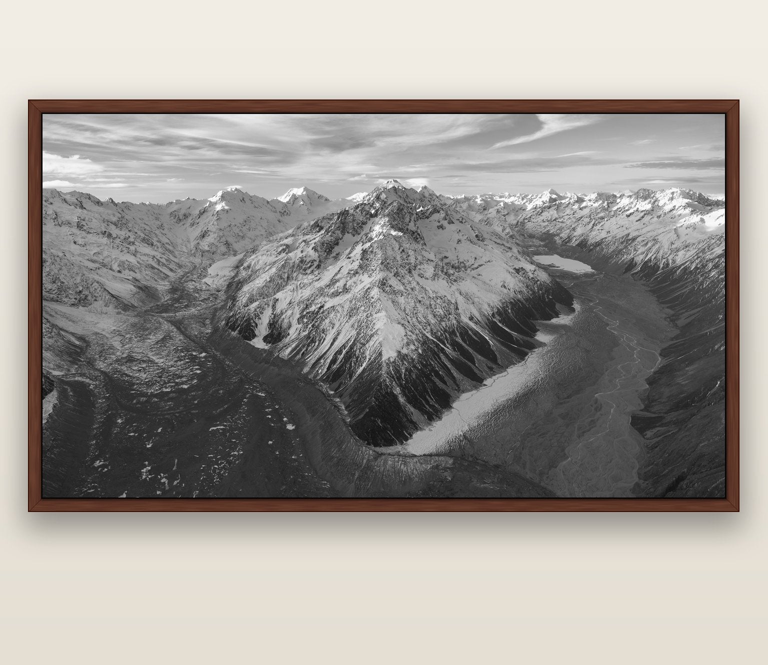 Rivers of Ice, Southern Alps — brown float frame canvas, 200 × 130 cm. New Zealand fine art landscape wall art by Stephen Milner.