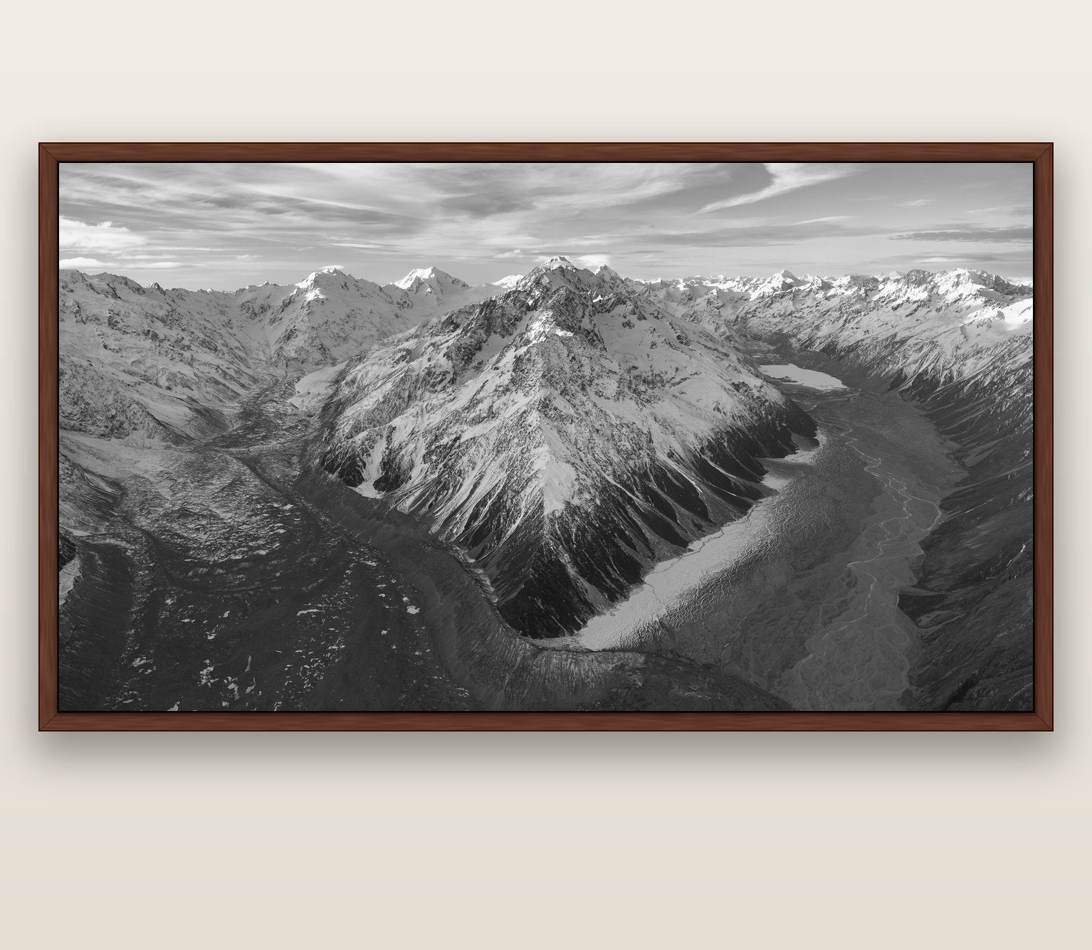 Rivers of Ice, Southern Alps — brown float frame canvas, 201 × 99 cm. New Zealand fine art landscape wall art by Stephen Milner.