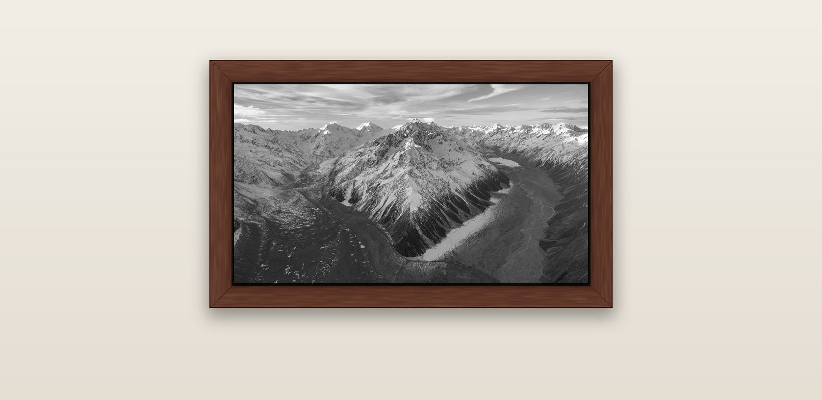 Rivers of Ice, Southern Alps — brown float frame canvas, 61 × 36 cm. New Zealand fine art landscape wall art by Stephen Milner.