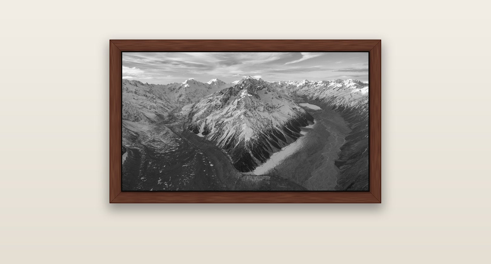 Rivers of Ice, Southern Alps — brown float frame canvas, 81 × 46 cm. New Zealand fine art landscape wall art by Stephen Milner.