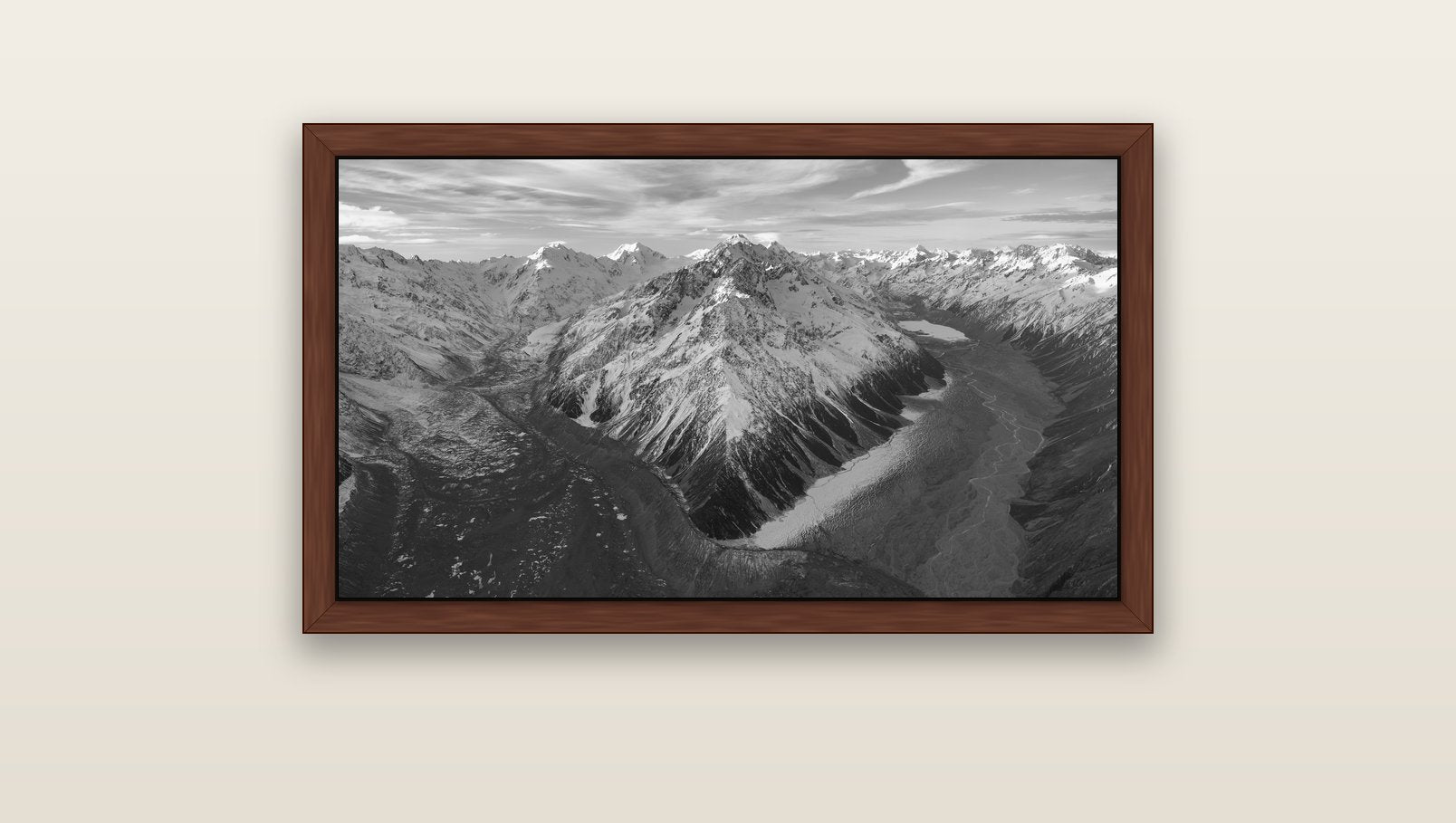 Rivers of Ice, Southern Alps — brown float frame canvas, 91 × 51 cm. New Zealand fine art landscape wall art by Stephen Milner.
