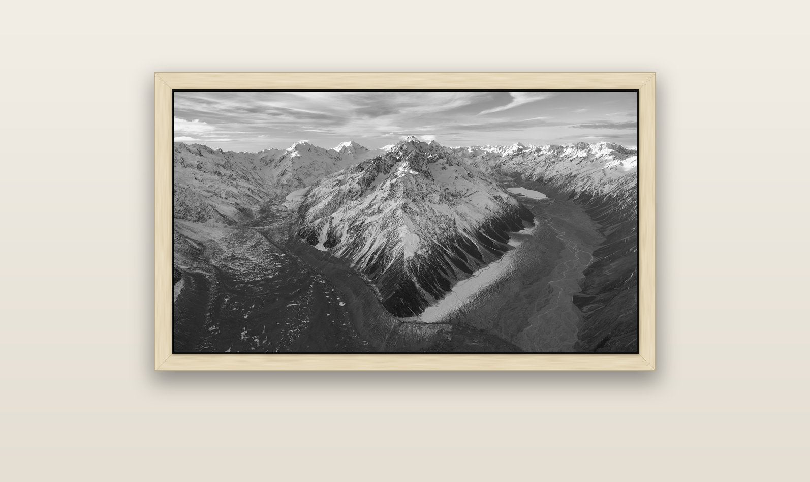 Rivers of Ice, Southern Alps — natural float frame canvas, 102 × 56 cm. New Zealand fine art landscape wall art by Stephen Milner.