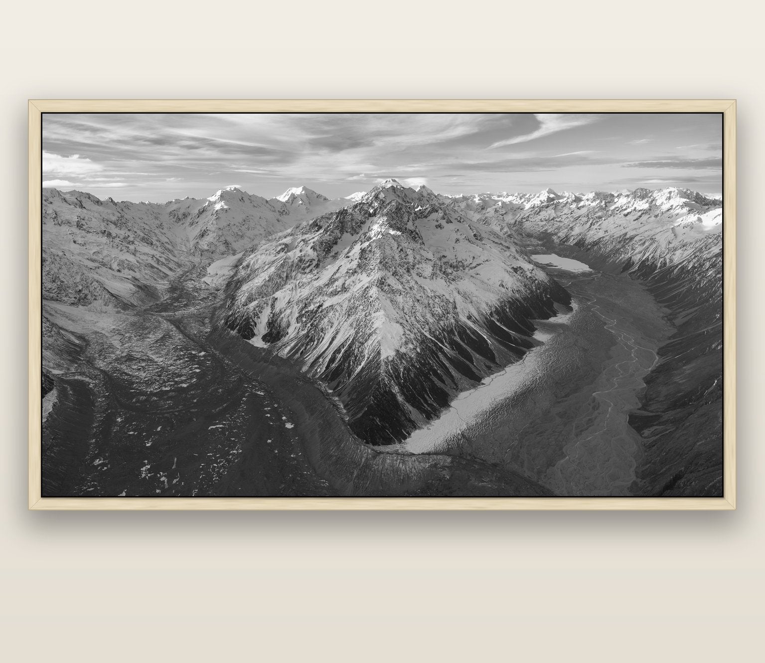 Rivers of Ice, Southern Alps — natural float frame canvas, 200 × 130 cm. New Zealand fine art landscape wall art by Stephen Milner.