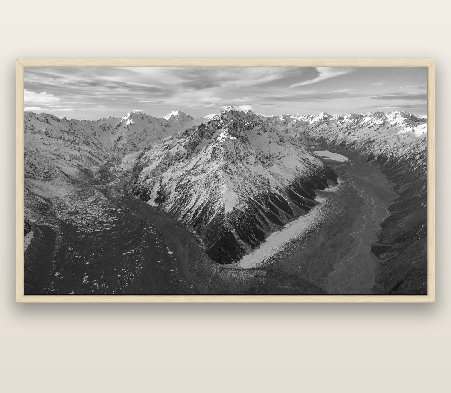 Rivers of Ice, Southern Alps — natural float frame canvas, 201 × 99 cm. New Zealand fine art landscape wall art by Stephen Milner.