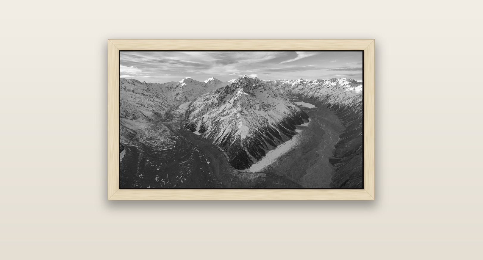 Rivers of Ice, Southern Alps — natural float frame canvas, 81 × 46 cm. New Zealand fine art landscape wall art by Stephen Milner.