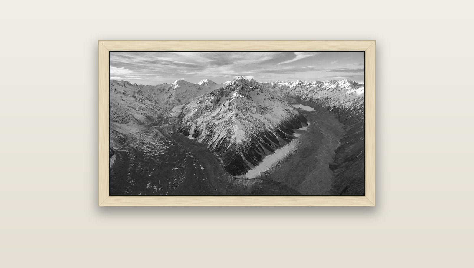 Rivers of Ice, Southern Alps — natural float frame canvas, 91 × 51 cm. New Zealand fine art landscape wall art by Stephen Milner.