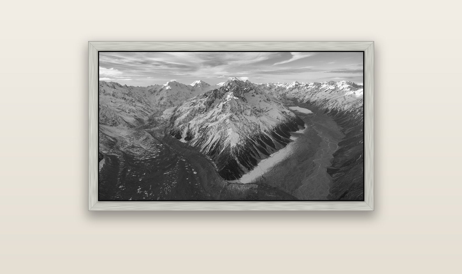 Rivers of Ice, Southern Alps — silver float frame canvas, 102 × 56 cm. New Zealand fine art landscape wall art by Stephen Milner.