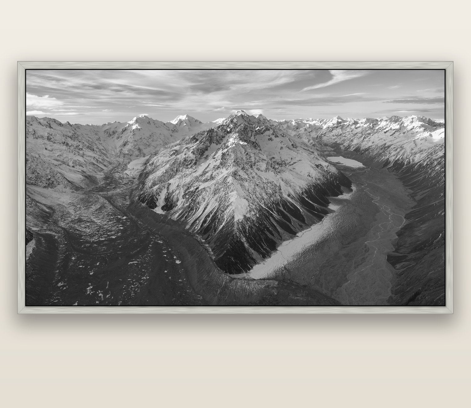 Rivers of Ice, Southern Alps — silver float frame canvas, 200 × 130 cm. New Zealand fine art landscape wall art by Stephen Milner.