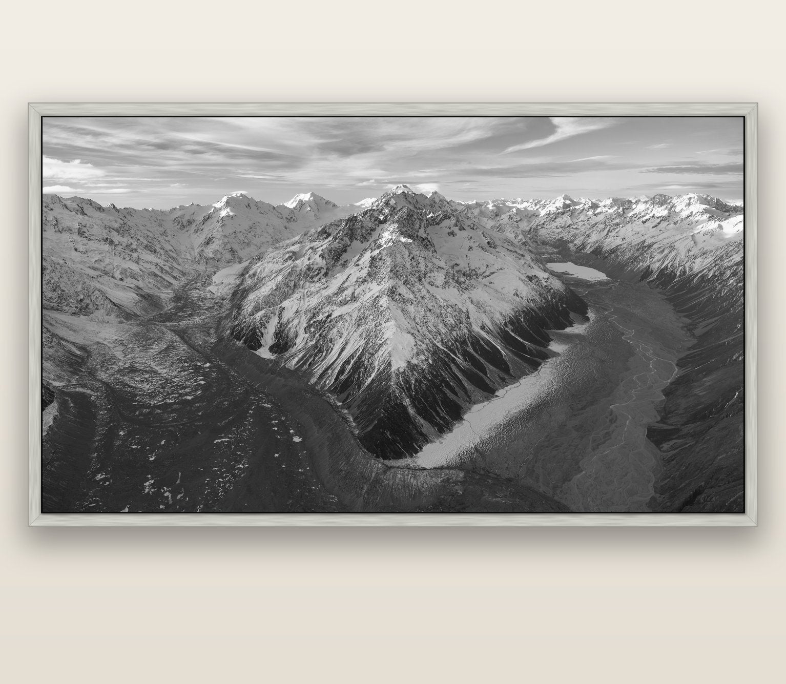 Rivers of Ice, Southern Alps — silver float frame canvas, 201 × 99 cm. New Zealand fine art landscape wall art by Stephen Milner.