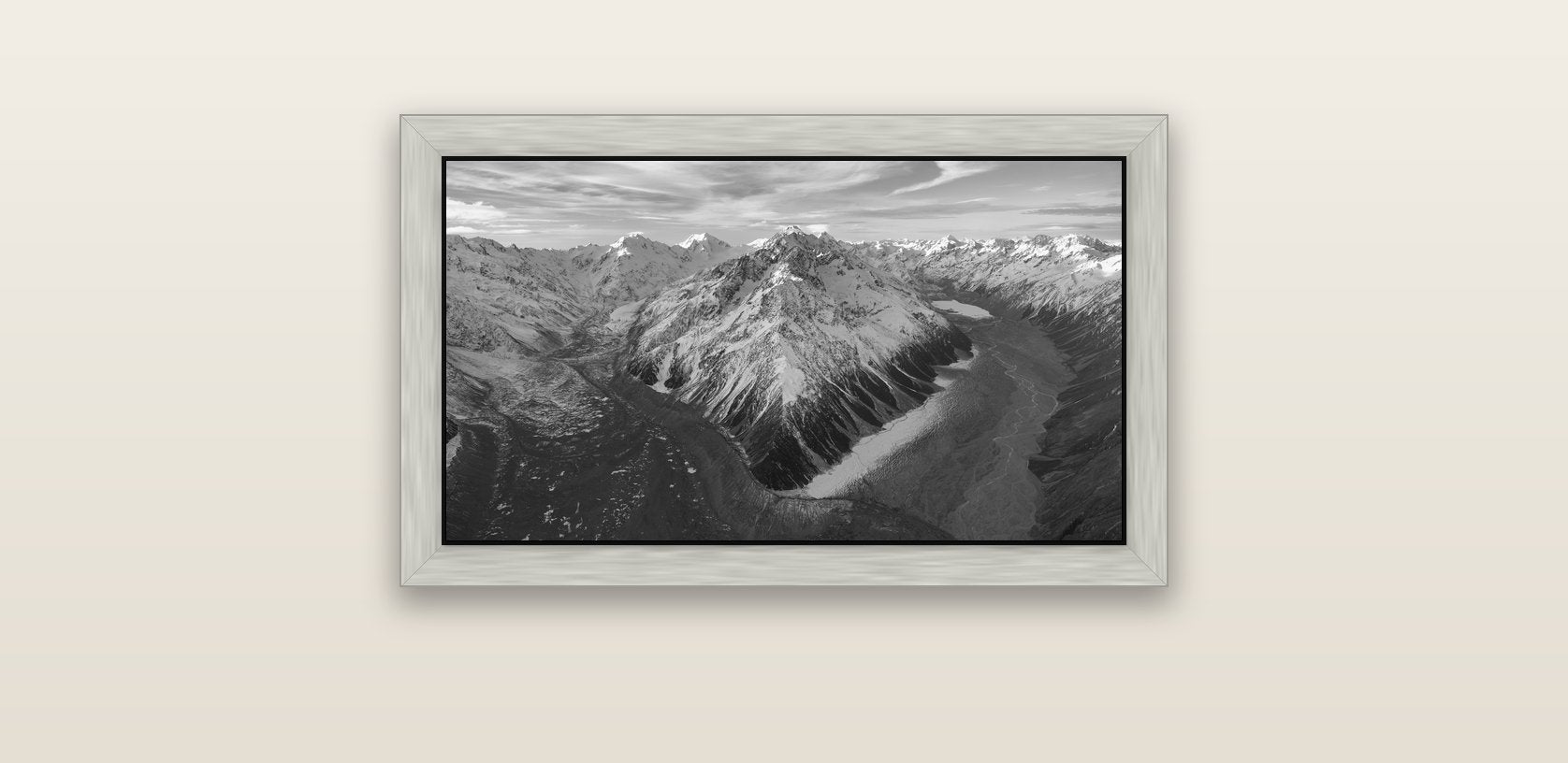 Rivers of Ice, Southern Alps — silver float frame canvas, 61 × 36 cm. New Zealand fine art landscape wall art by Stephen Milner.