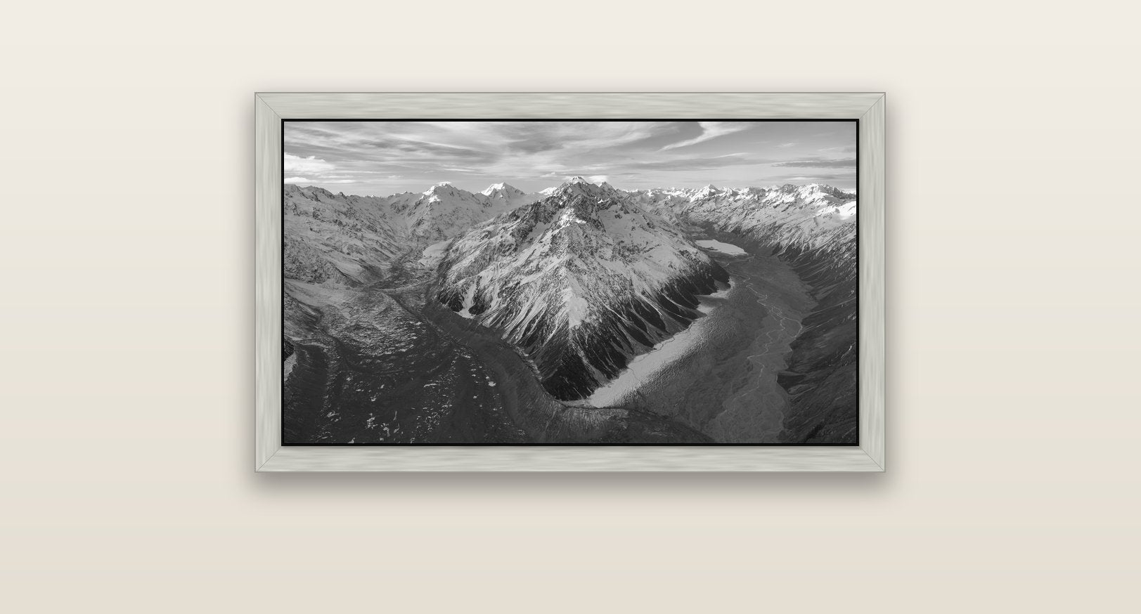 Rivers of Ice, Southern Alps — silver float frame canvas, 81 × 46 cm. New Zealand fine art landscape wall art by Stephen Milner.