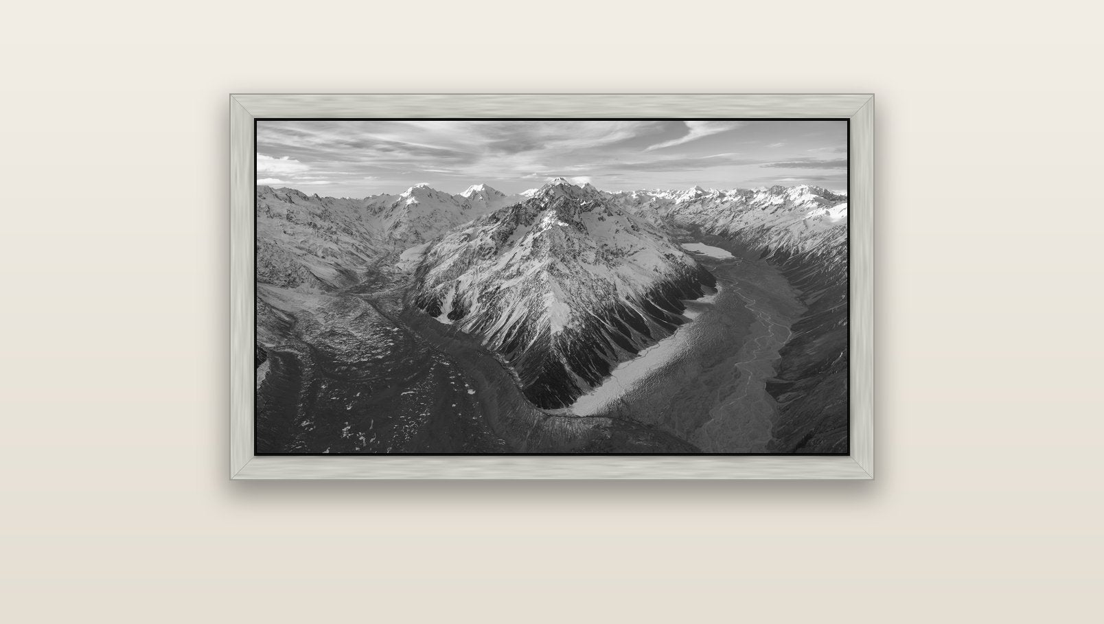 Rivers of Ice, Southern Alps — silver float frame canvas, 91 × 51 cm. New Zealand fine art landscape wall art by Stephen Milner.